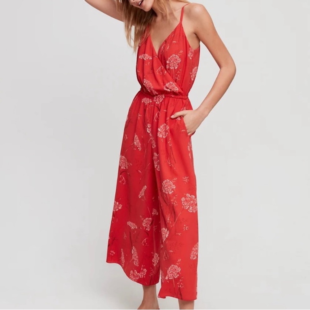 Aritzia Red Floral Spaghetti-Strap Jumpsuit